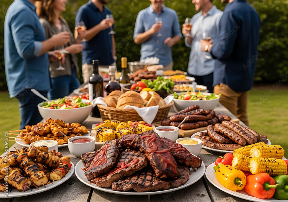 Obraz premium Outdoor summer bbq party with grilled meats and vegetables