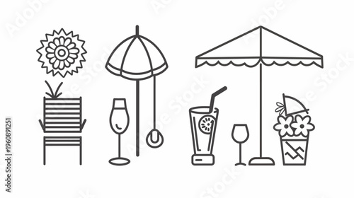 Black and white illustration of outdoor elements chairs, drinks, flowers, and umbrellas