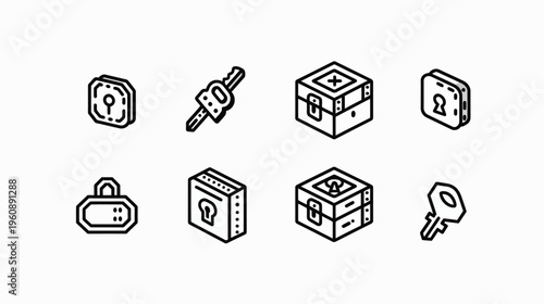 Collection of stylized, black and white illustrations of security-related objects like keys, padlocks, and chests