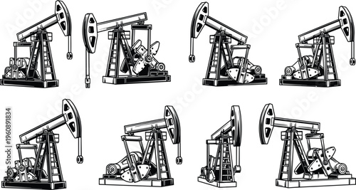 Black and white of various oil pumpjacks in different positions oil derrick oil well