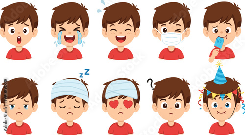 Cartoon Boy Facial Expressions Set Featuring Sick, Crying, Happy, Sleeping, Masked, Love, Confused and Party Emotions for Kids Character Animation Design.