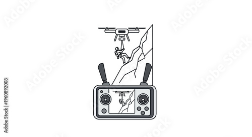 Drone remote controller with flying quadcopter.