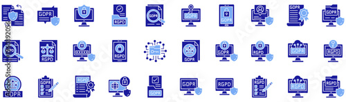 GDPR RGPD dual tone style icons collection. Vector illustrations. User protection, Certification, GDPR, Transparency, Law, Password. Pro Vectors.	
