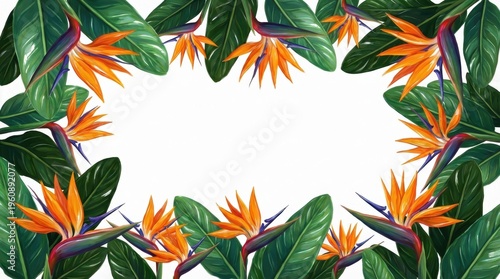 Vibrant Tropical Floral Border Featuring Bright Orange Bird Of Paradise Flowers and Lush Green Leaves