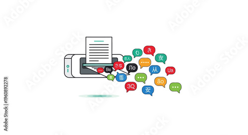 Printer with colorful speech bubbles emerging.