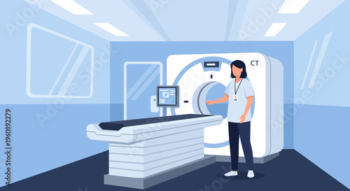 Radiologist operating CT scanner in modern medical imaging room