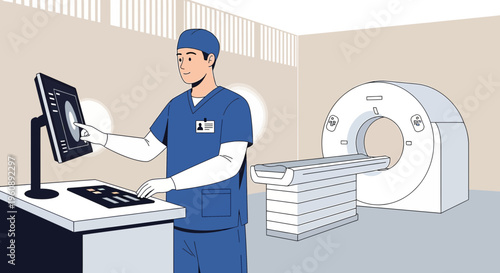 Radiologist operating CT scanner in modern medical imaging room