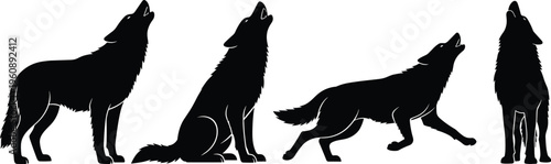 Four black silhouette wolves howling and walking in different poses