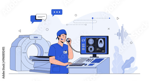 Radiologist operating CT scanner, medical imaging, healthcare technology, doctor consultation