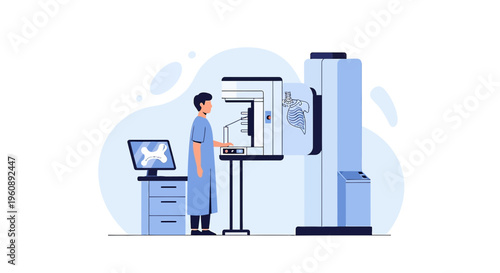Radiologist Operating Mammography Machine for Breast Cancer Screening
