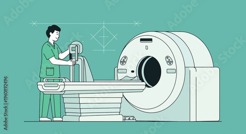 Radiologist operating MRI machine for patient scan, medical technology illustration