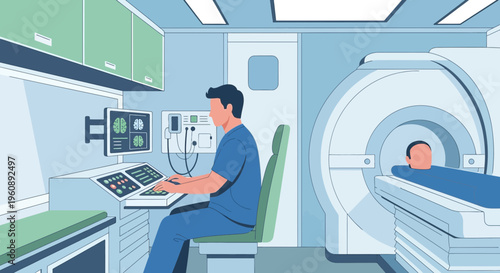 Radiologist operating MRI machine with patient inside for brain scan in modern medical clinic