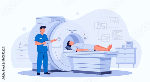 Radiologist Operating MRI Scanner for Patient Scan in Modern Medical Clinic