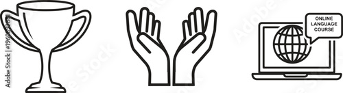 Award, success, and global communication icons, line art style, black and white vector graphics