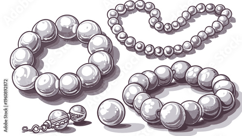 Monochrome illustration of jewelry, including necklaces, bracelets, and a decorative element with chain