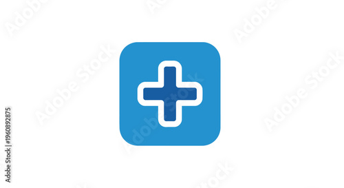 Blue medical plus icon on white.