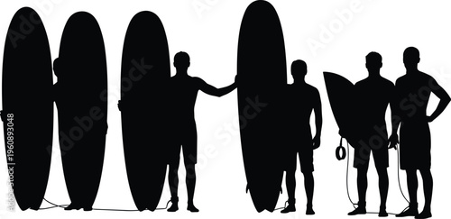 Photography Silhouette of five people holding large surfboards on a white background surfing
