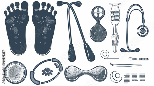 Artistic depiction of medical tools, foot reflexology, and exercise equipment