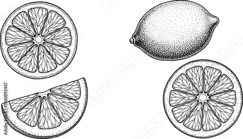 Lemon engraving set with whole fruit and slices. Hand drawn vintage citrus illustration. Detailed botanical style perfect for packaging, labels and organic food design.