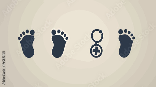 Illustration of two baby footprints and a medical symbol, on a beige concentric background