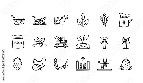 Minimal farm and agriculture line icons editable stroke outline vector pixel perfect black and white set