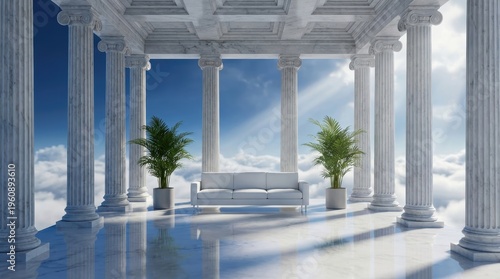 Elegant Minimalist Interior Space with White Sofa Surrounded by Columns and Clouds in Blue Sky