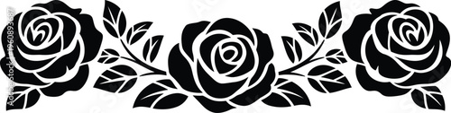 Rose floral border silhouette, black horizontal illustration featuring three roses with leaves and buds in bold style isolated on white background for elegant design use.