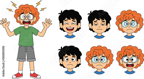 Cartoon Kids Characters with Multiple Facial Expressions Featuring Shocked, Happy, Sad, Angry and Scared Emotions for Animation and Character Design.