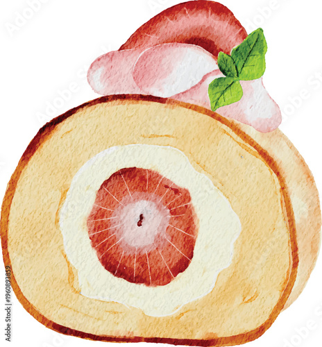 Watercolor Strawberry Roll Cake with Cream and Mint Leaf Illustration
