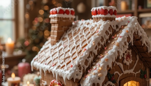 Decorative Gingerbread House with Icing and Candy Toppings in a Warm Holiday Setting