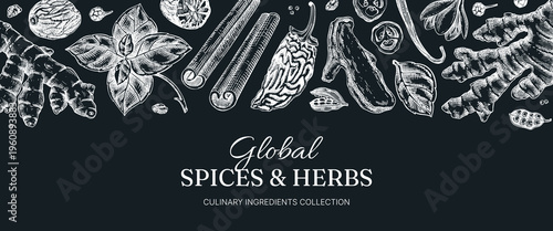 Vintage spices background on chalkboard. Hand drawn engraving food ingredients banner design. NOT AI generated