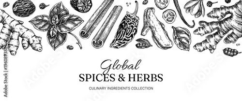 Vintage spices background on chalkboard. Hand drawn engraving food ingredients banner design. NOT AI generated