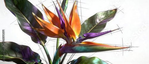 Vibrant Tropical Flower with Orange and Purple Petals Surrounded by Glossy Green Leaves