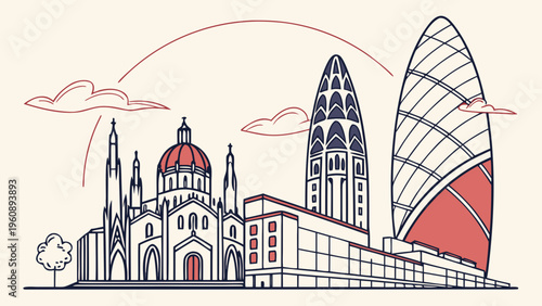 Barcelona Skyline Abstract Buildings Flat Vector