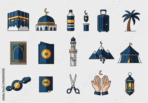 Hajj and Umrah Pilgrimage Icon Set - Islamic Religious Symbols including Kaaba, Mosque, Prayer Mat, and Travel Essentials for Mecca and Medina