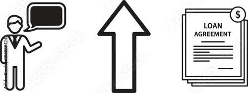 Loan agreement, financial contract, business deal, negotiation icons, vector