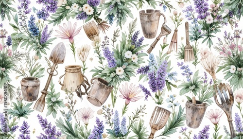 Garden Tools and Floral Elements in Watercolor Style with Lavender and Blossoming Flowers