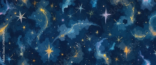 Abstract Watercolor Illustration of a Cosmic Universe with Stars and Nebulas in Night Sky