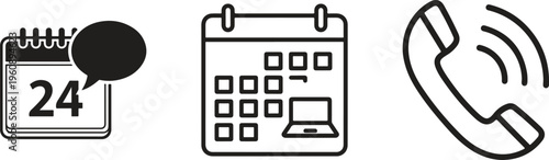 Business icons, calendar, phone, communication symbols, office organization, vector graphics