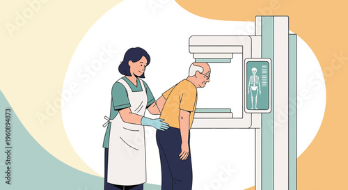 Radiologist assisting elderly man during X-ray scan for medical diagnosis