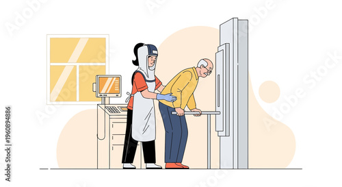 Radiologist Assisting Elderly Patient During Medical Scan Procedure in Clinic