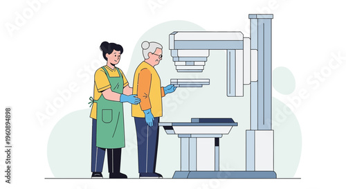Radiologist Assists Senior Woman During Mammogram Screening for Breast Cancer Detection