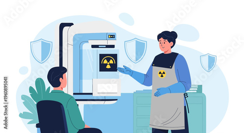 Radiologist Explains X-ray Procedure to Patient Near CT Scanner with Radiation Shield