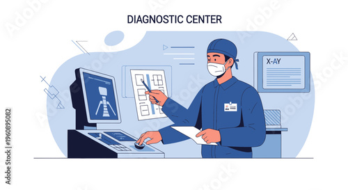 Radiologist in Diagnostic Center analyzing X-ray on computer screen, medical technology