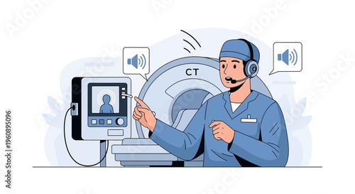 Radiologist in Headset Operating CT Scanner, Patient Monitoring Screen