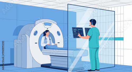 Radiologist in protective shield monitors patient during MRI scan in modern medical clinic