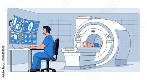 Radiologist Monitors MRI Scan of Patient in Modern Medical Imaging Room