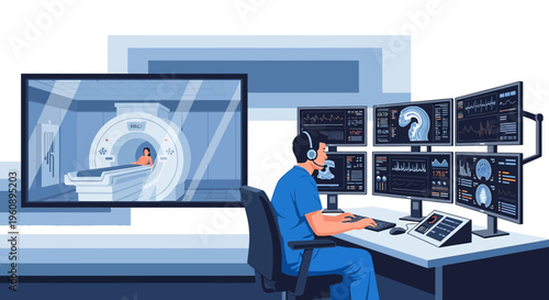 Radiologist Monitors MRI Scan in Advanced Medical Control Room with Multiple Screens
