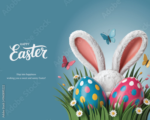 Happy Easter Greeting Background with 3D Bunny Ears, Painted Eggs and Spring Butterflies Vector
