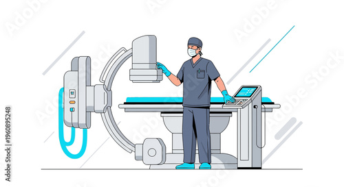 Radiologist operating advanced C-arm X-ray machine for medical imaging in clinic